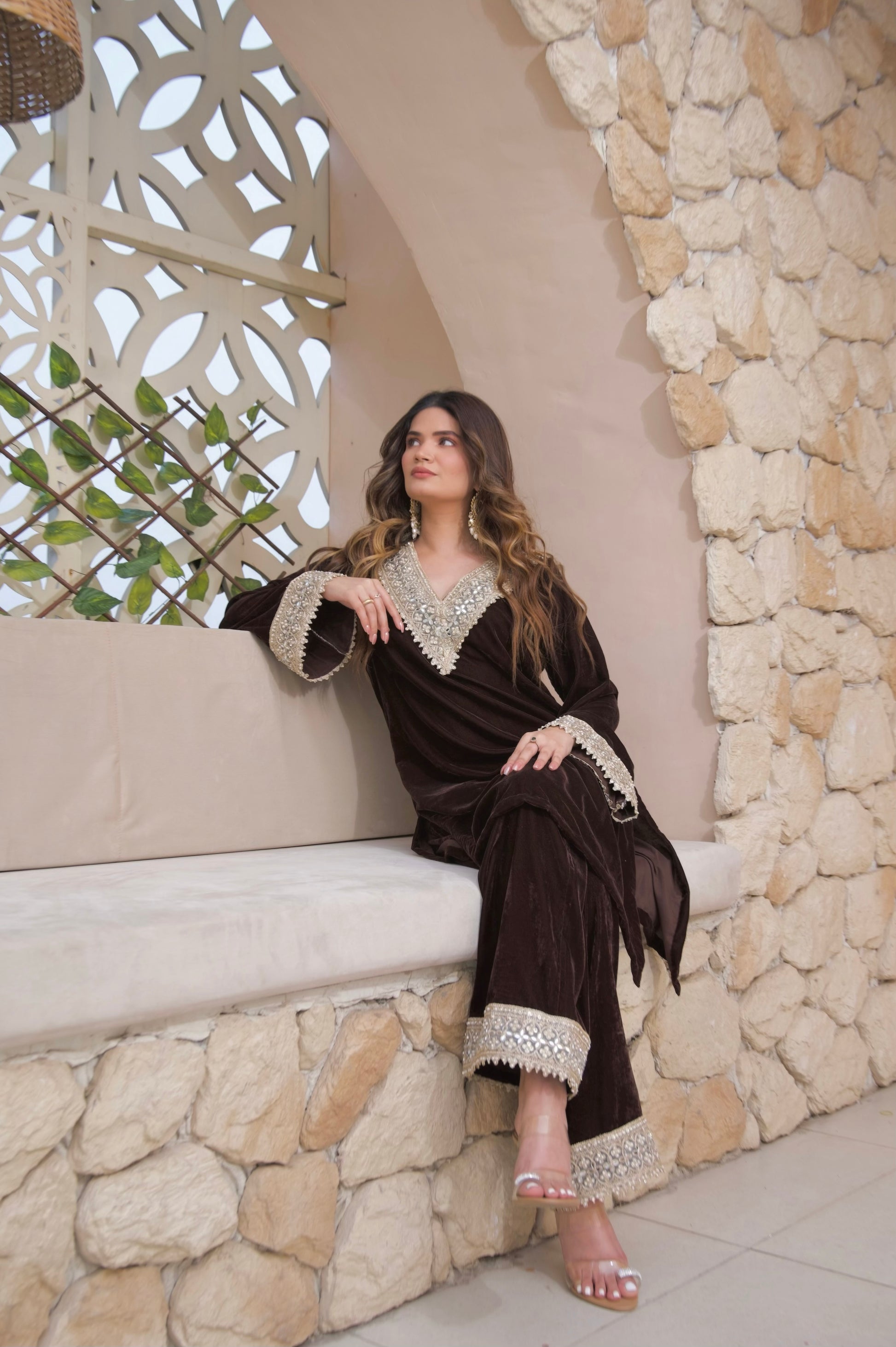 Brown velvet co-ord set by Imagine By Shiwali featuring a matching top and bottoms with a stylish, comfortable fit.