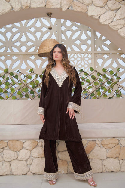 Brown velvet Co-ord set by Imagine By Shiwali featuring a coordinated top and bottom with a soft, plush fabric.