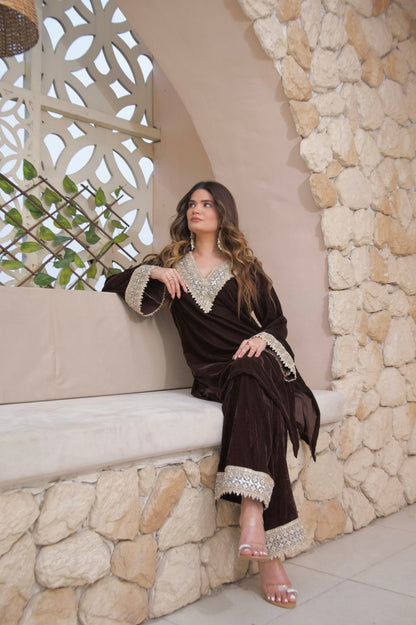 Imagine By Shiwali Roza brown velvet co-ord set featuring a stylish top and matching pants in soft velvet fabric.
