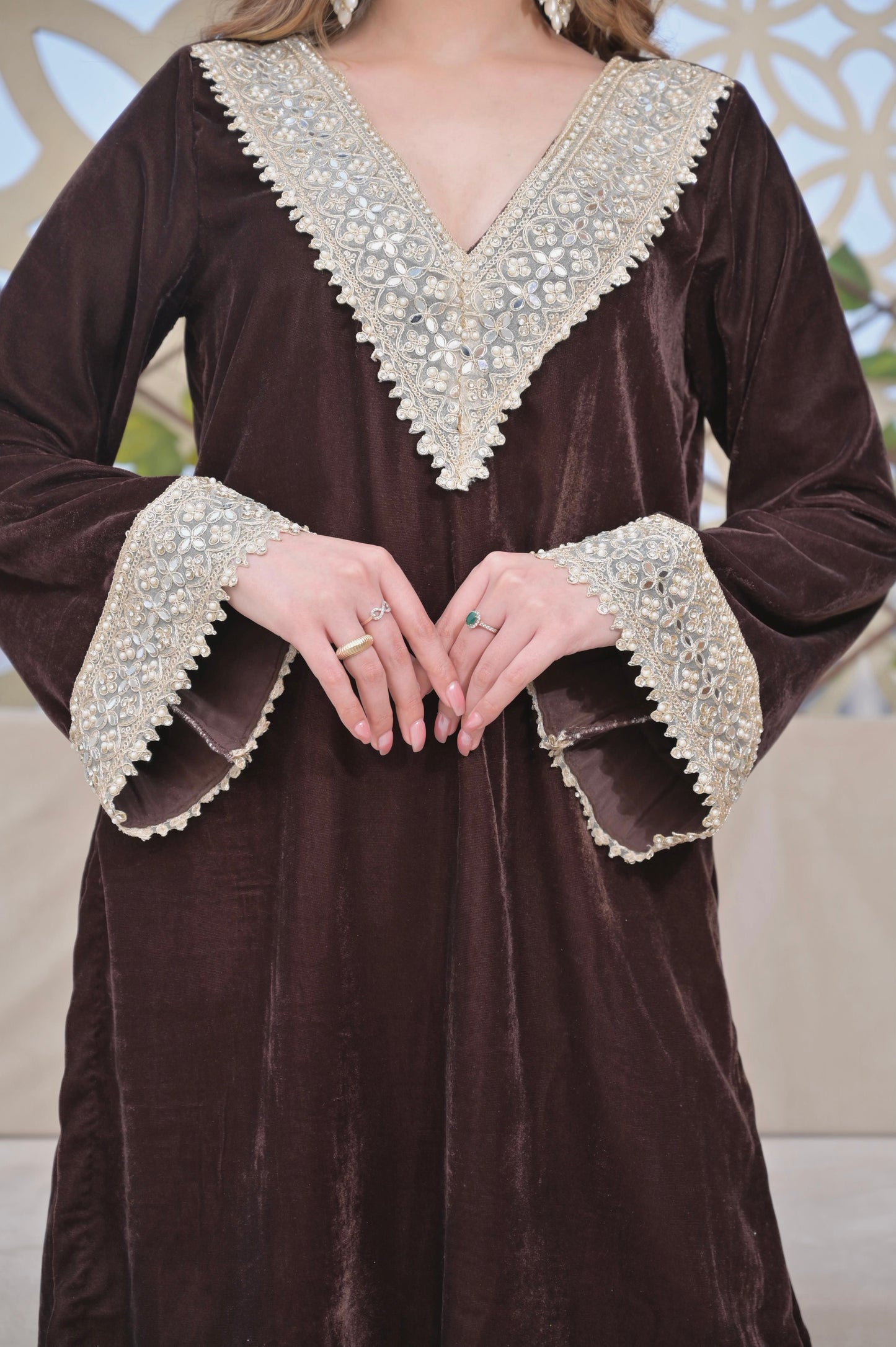 Imagine by Shiwali Roza brown velvet co-ord set featuring a stylish top and matching pants, perfect for elegant casual wear.