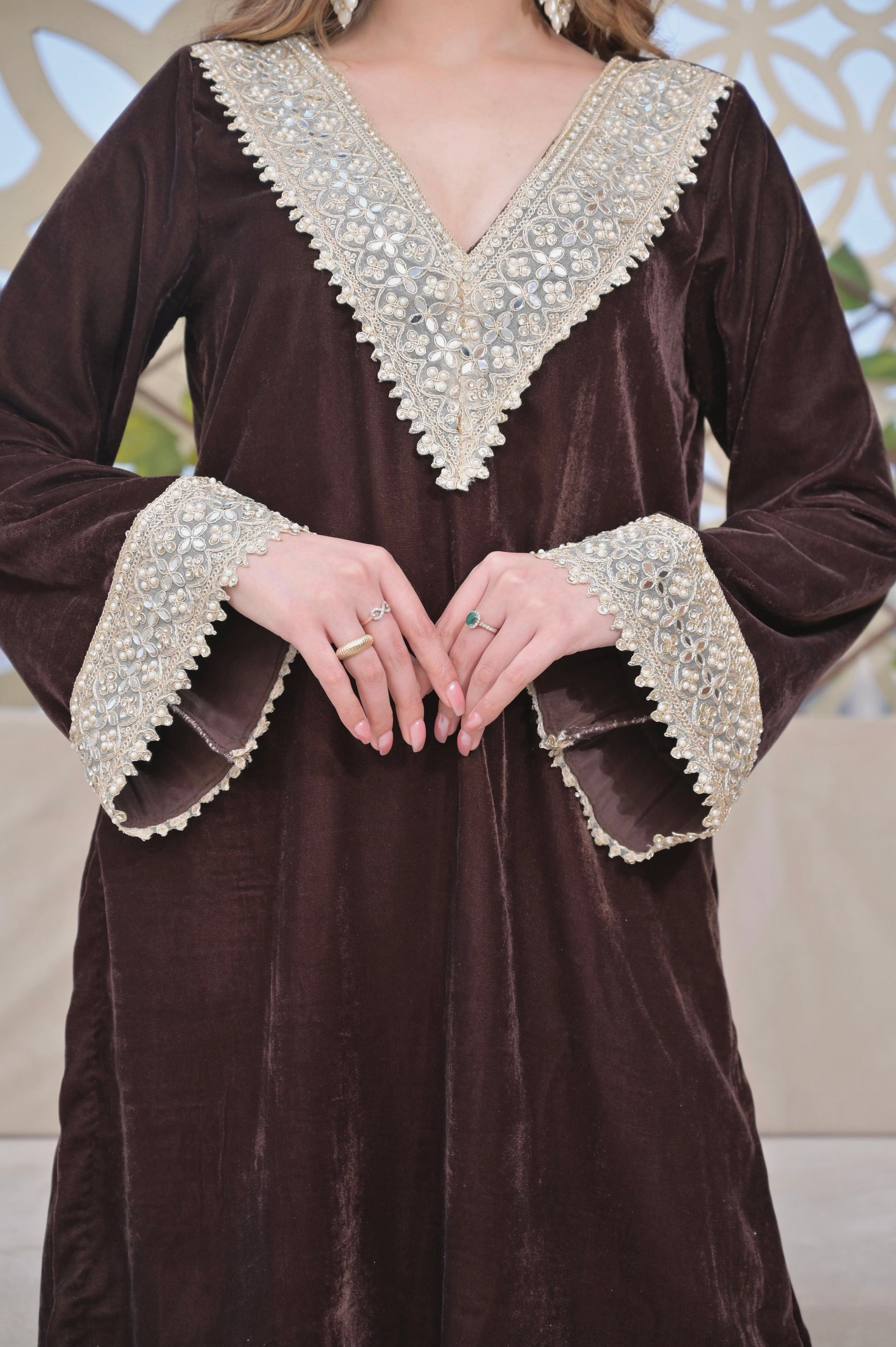 Imagine by Shiwali Roza brown velvet co-ord set featuring a stylish top and matching pants, perfect for elegant casual wear.