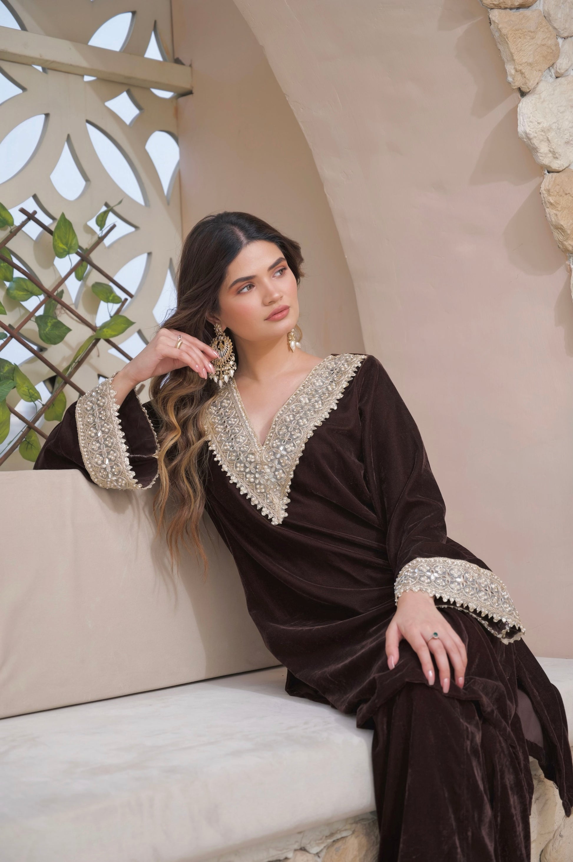 Imagine by Shiwali Roza brown velvet co-ord set featuring a stylish top and matching pants, perfect for elegant casual wear.