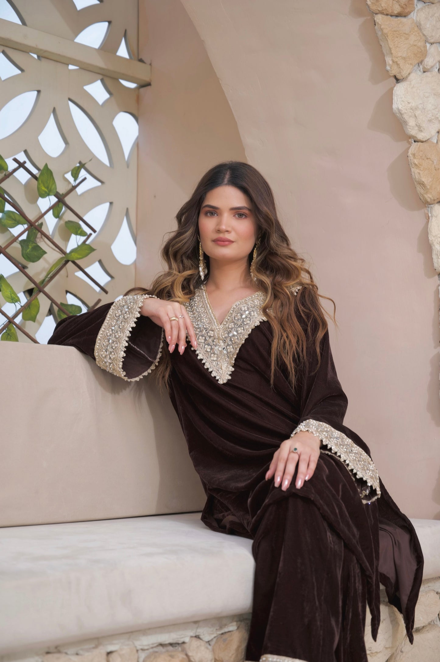 Brown velvet co-ord set by Imagine By Shiwali featuring a stylish top and matching pants for a chic, comfortable look.