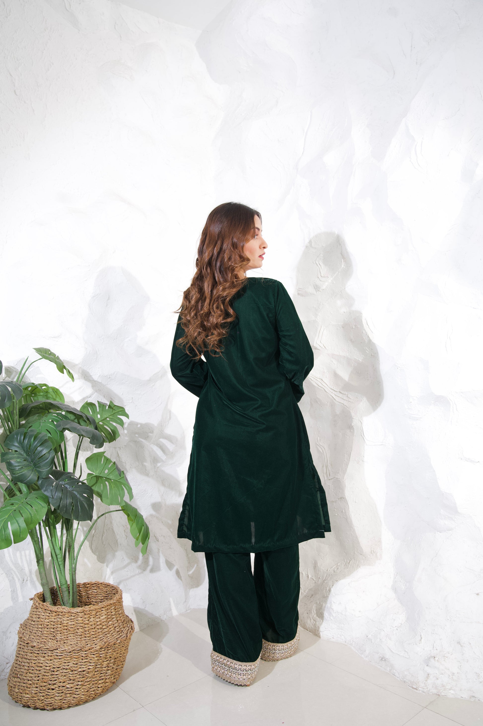 Imagine By Shiwali Roza Green Velvet Co-Ord set featuring a stylish velvet top and matching pants, perfect for elegant casual wear.