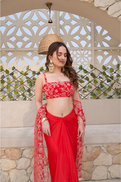 Imagine by Shiwali Sara red crop top and skirt set, featuring a stylish matching two-piece outfit with a cropped top and high-waisted skirt.