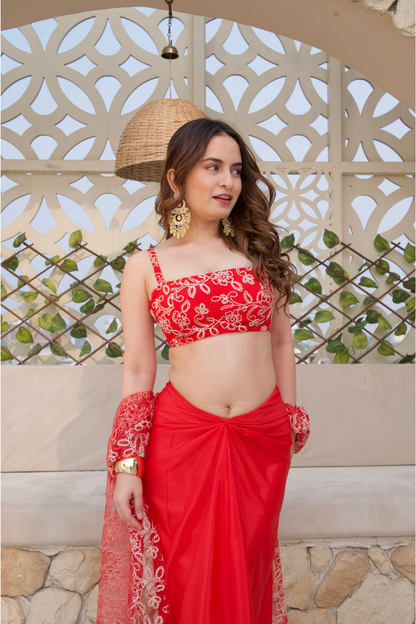 Imagine By Shiwali Sara red crop top and skirt set, featuring a stylish coordinated outfit with a fitted crop top and matching skirt.