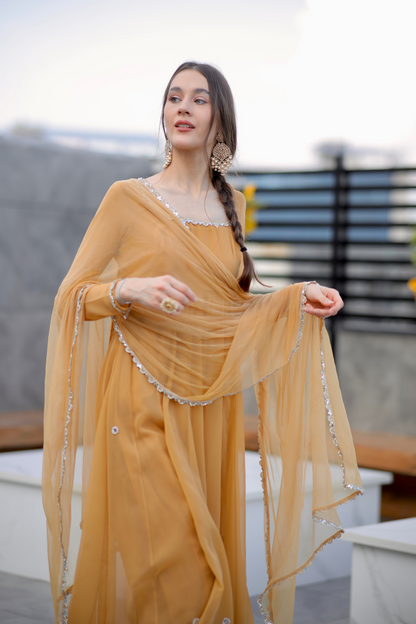Brown Sharwari Anarkali dress by Imagine By Shiwali featuring intricate embroidery and flowing fabric.