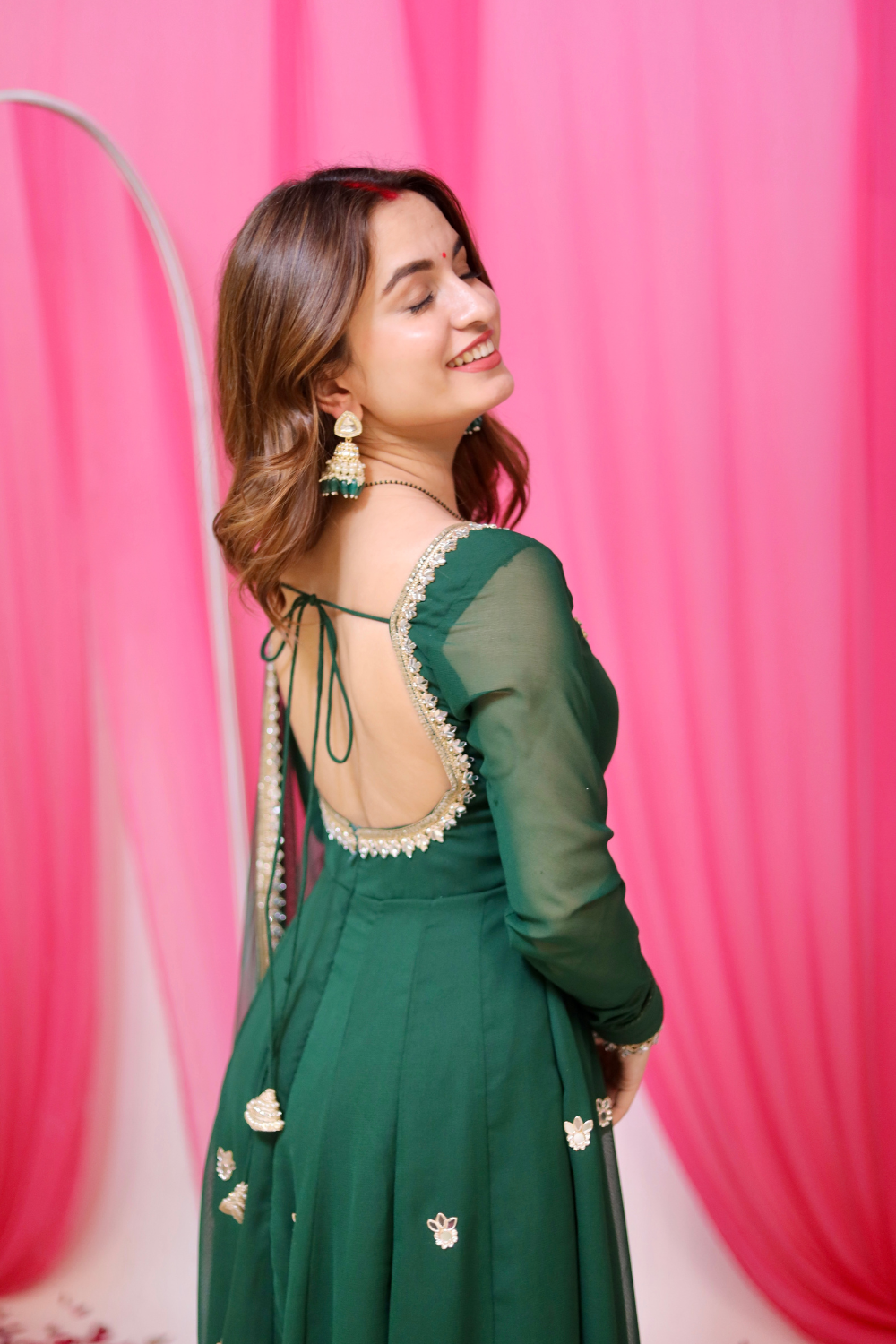 Green Sharwari Anarkali dress by Imagine By Shiwali featuring intricate embroidery and flowy fabric.