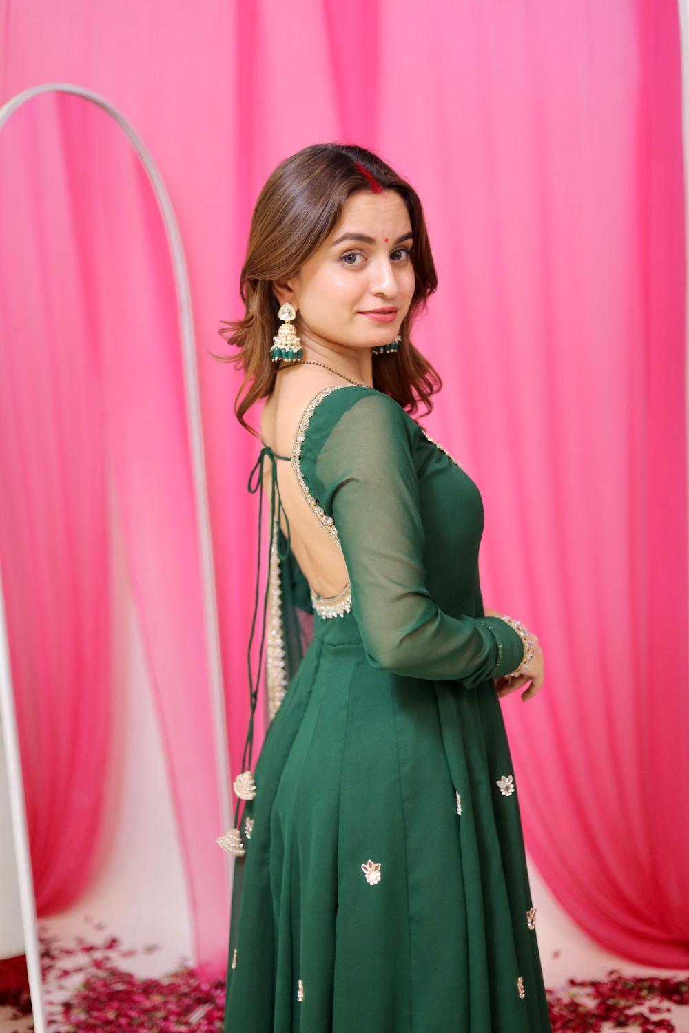 Green Sharwari Anarkali dress by Imagine By Shiwali featuring intricate embroidery and a flowing silhouette.