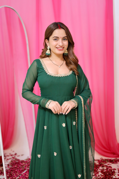 Green Sharwari Anarkali by Imagine By Shiwali featuring intricate embroidery and flowing fabric, perfect for traditional occasions.