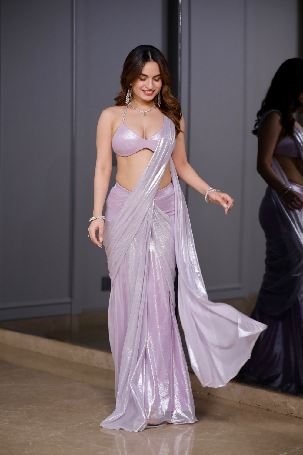 Lilac pre-drape saree by Imagine By Shiwali with intricate drape details and elegant fabric for festive occasions.