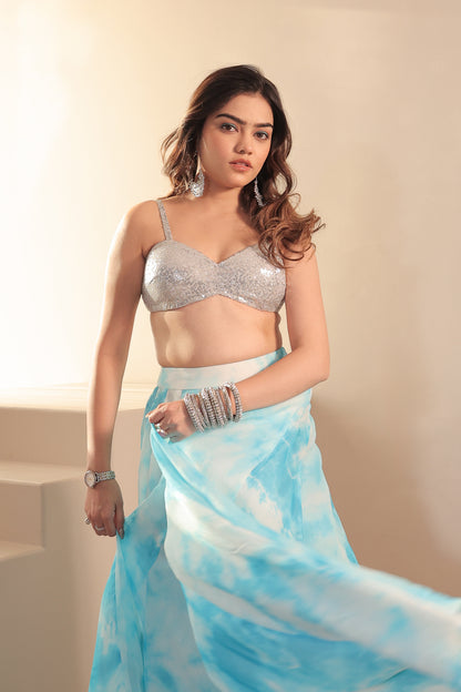 Imagine by Shiwali Sia Tye-Dye Lehnga Set in white and blue, featuring traditional Indian style with vibrant tie-dye patterns.