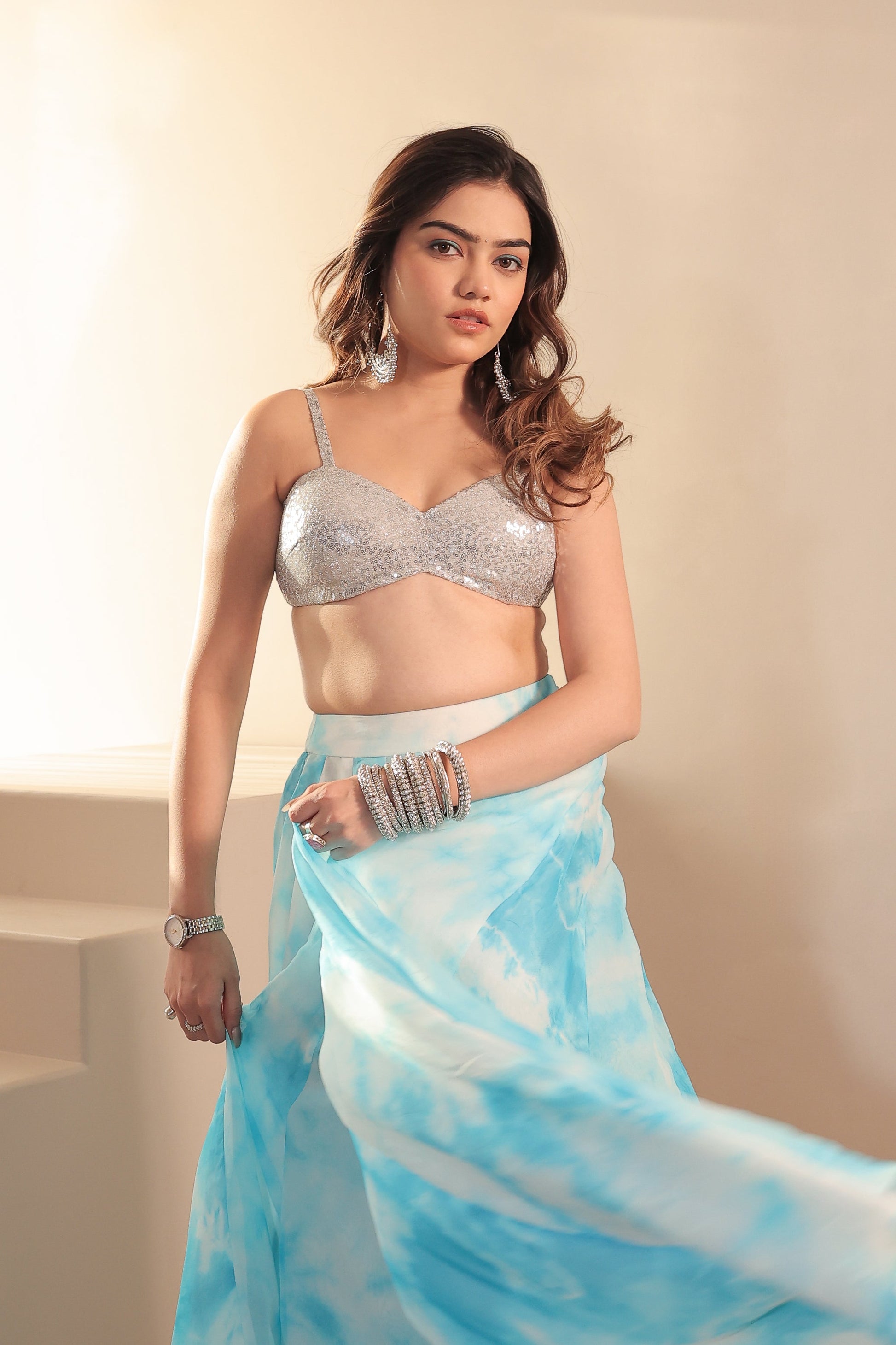 White and blue Sia Tye-Dye Lehnga Set by Imagine By Shiwali, featuring intricate patterns and traditional design.