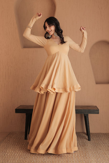 Brown Suraiya peplum suit by Imagine By Shiwali featuring intricate embroidery and a stylish peplum design.