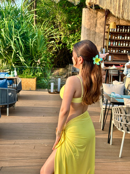 Yellow bikini with wrap skirt set by Imagine by Shiwali, featuring a stylish and vibrant swimwear design for beach or poolside.