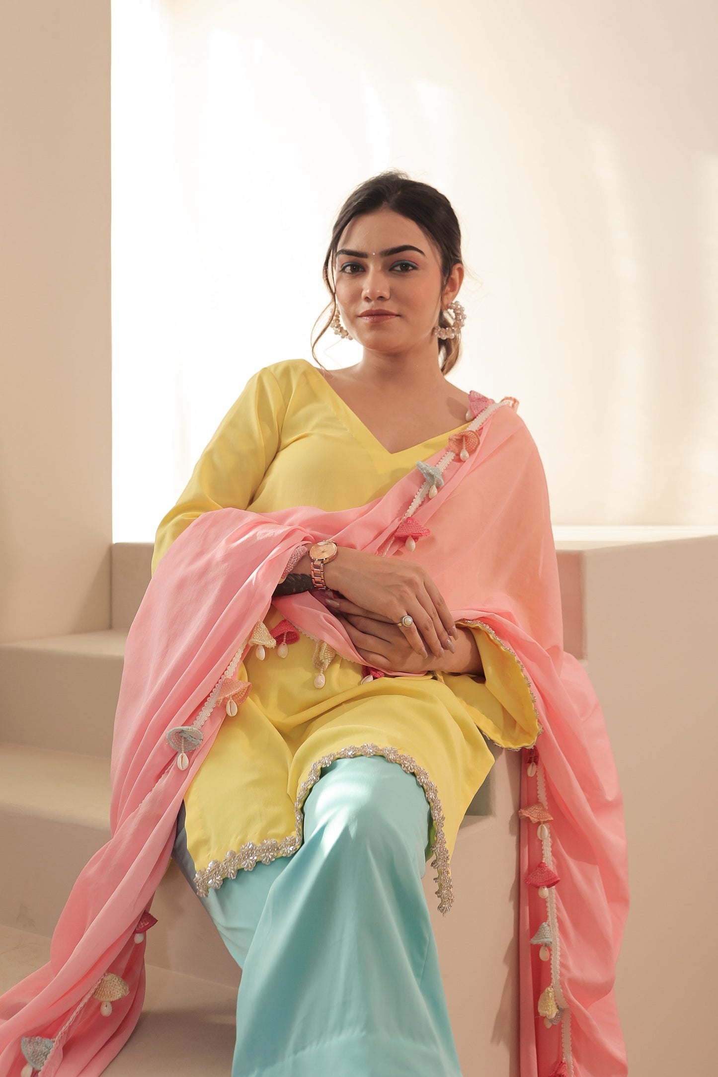 Three-color Taara straight suit by Imagine By Shiwali featuring a sleek, elegant design in vibrant hues.