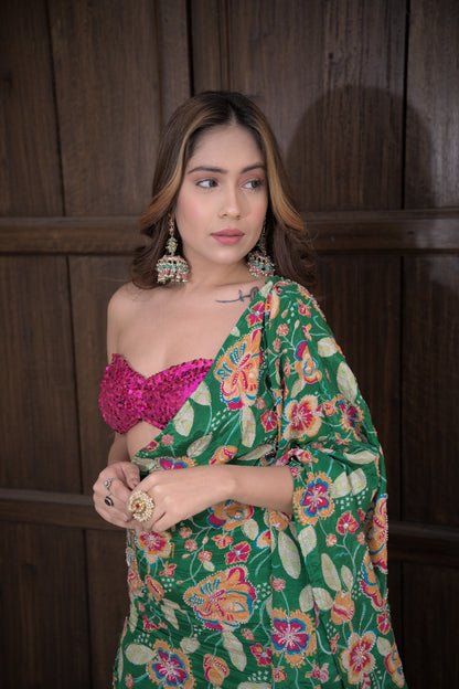Green floral kaftan by Imagine By Shiwali featuring a flowing design and vibrant floral patterns.