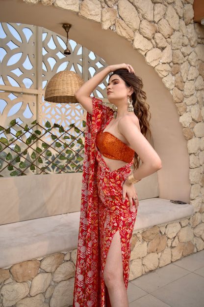Red floral kaftan from Imagine By Shiwali featuring flowing fabric and vibrant floral patterns.