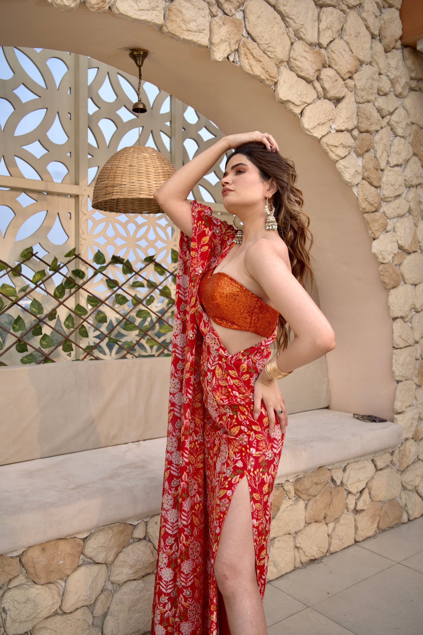 Red floral Tripti kaftan by Imagine By Shiwali, lightweight and flowy with intricate floral patterns and relaxed fit.
